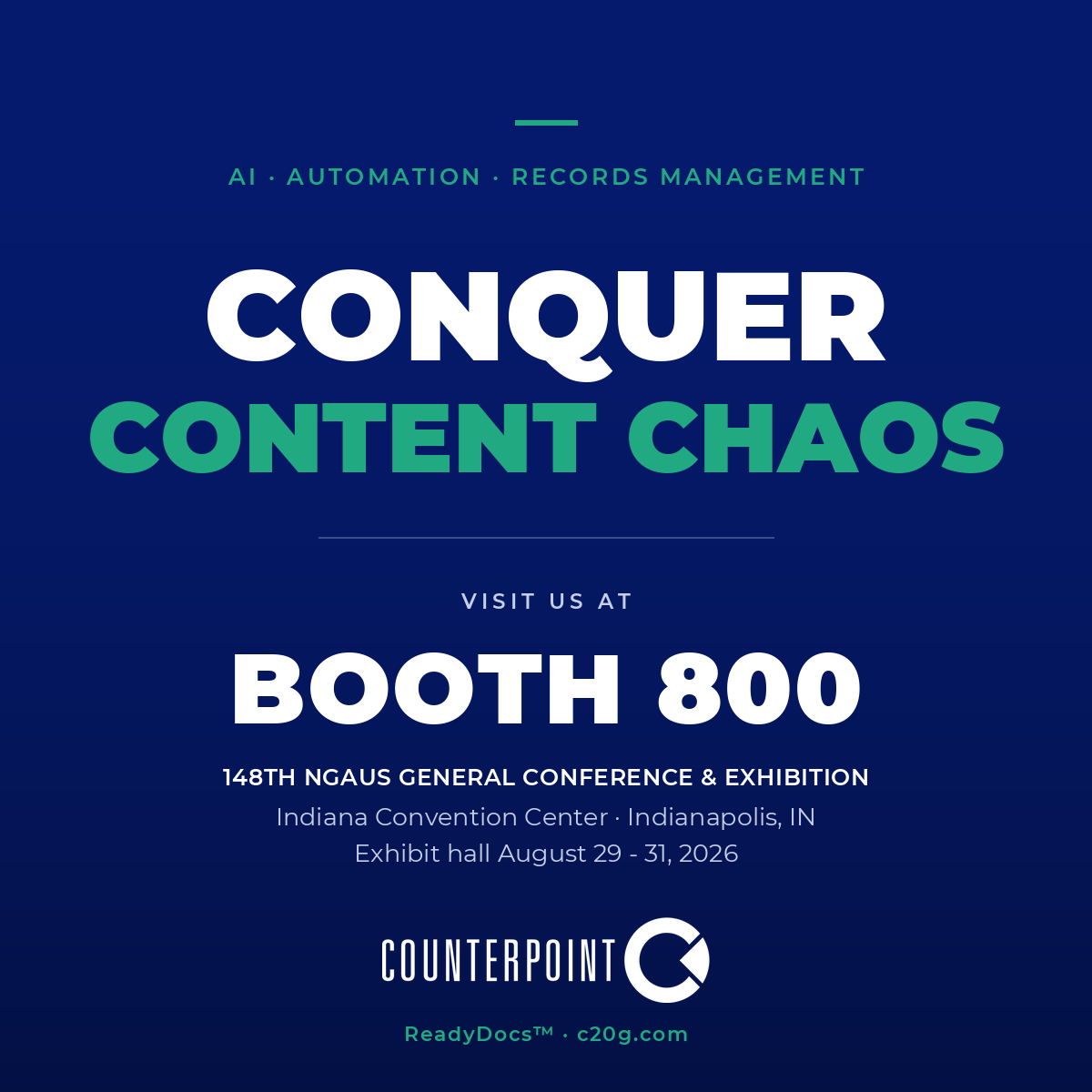 Counterpoint Solutions Group at NGAUS 2026, Booth 800, Indiana Convention Center, August 29-31